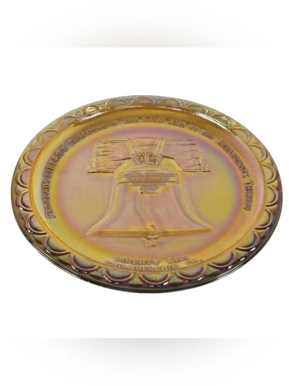 Vintage Indiana Glass Co. Liberty Bell Gold Carnival Glass Bicentennial Plate